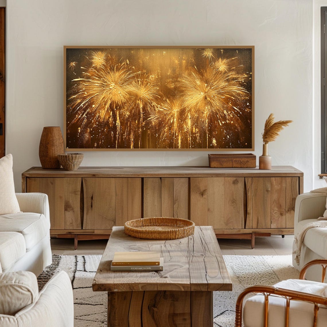 Golden Fireworks Explosion Black Background Celebration Wall Art - Image 2