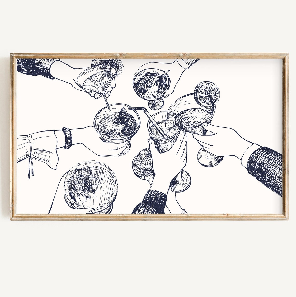 Friends Toasting Cocktails Minimal Line Sketch Celebration Poster