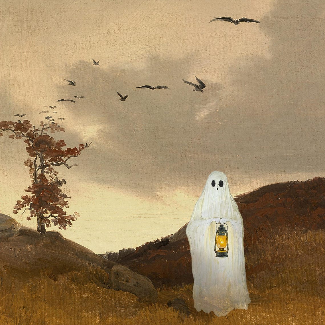 Sheet Ghost Holding Lantern On Autumn Hillside Moody Halloween Poster - Image 3