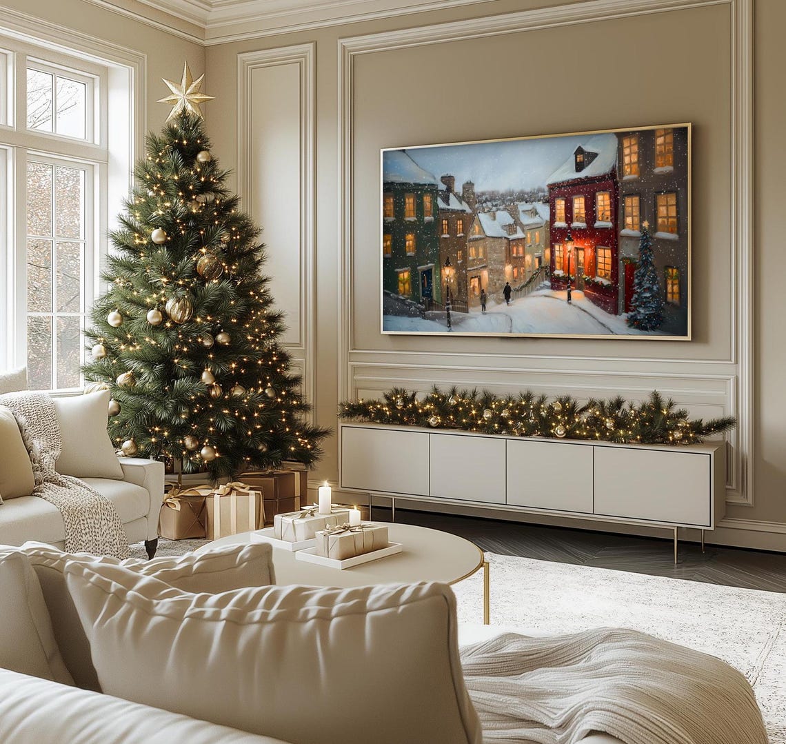 Snowy Village Street Dusk Glowing Windows Christmas Tree Scene Poster - Image 3