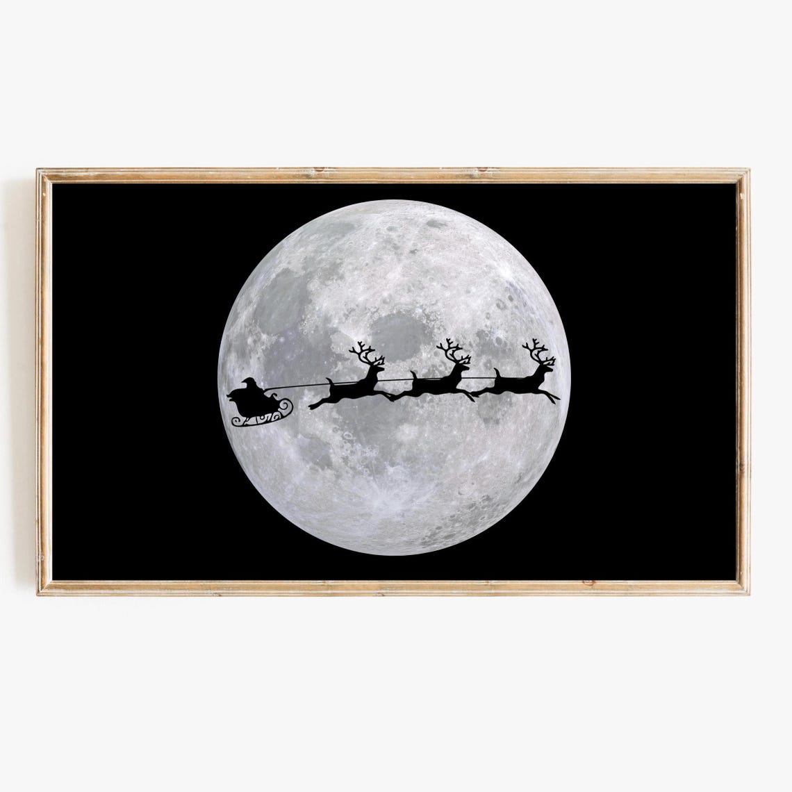 Santa Sleigh Silhouette Reindeer Flying Across Full Moon Night Poster
