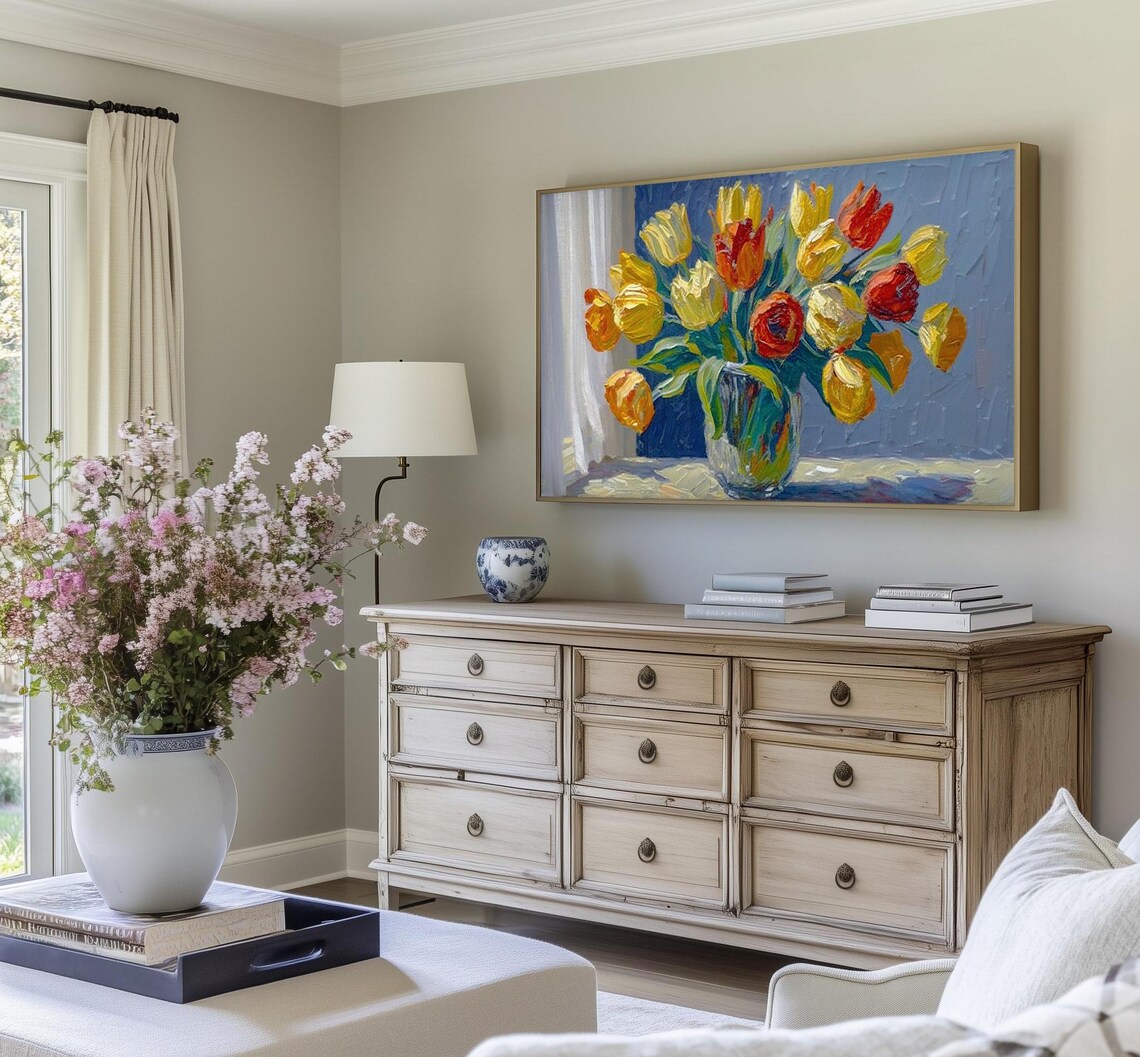 Impressionist Tulip Bouquet In Glass Vase Yellow Orange Blue Wall Poster - Image 4