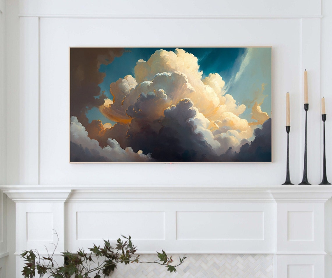 Dramatic Billowing Clouds In Golden Blue Sky Moody Cloud Wall Art - Image 4