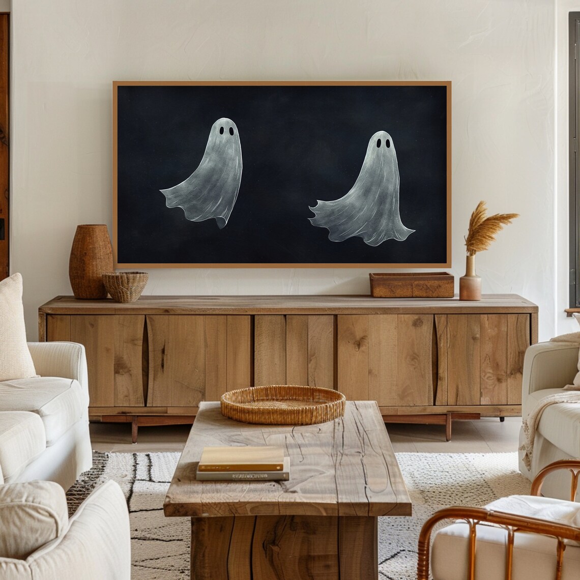 Two Minimalist Sheet Ghosts On Black Background Spooky Halloween Poster - Image 3