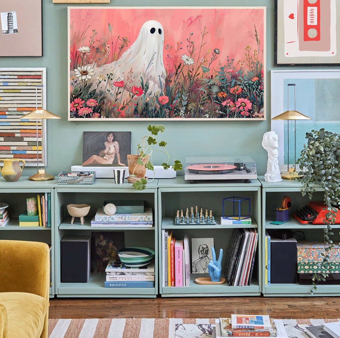 Cute Sheet Ghost In Pink Wildflower Field Cottagecore Halloween Poster - Image 2