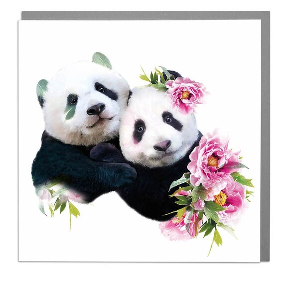 Cuddling Pandas Pink Peonies Bamboo Blank Art Greeting Card Print