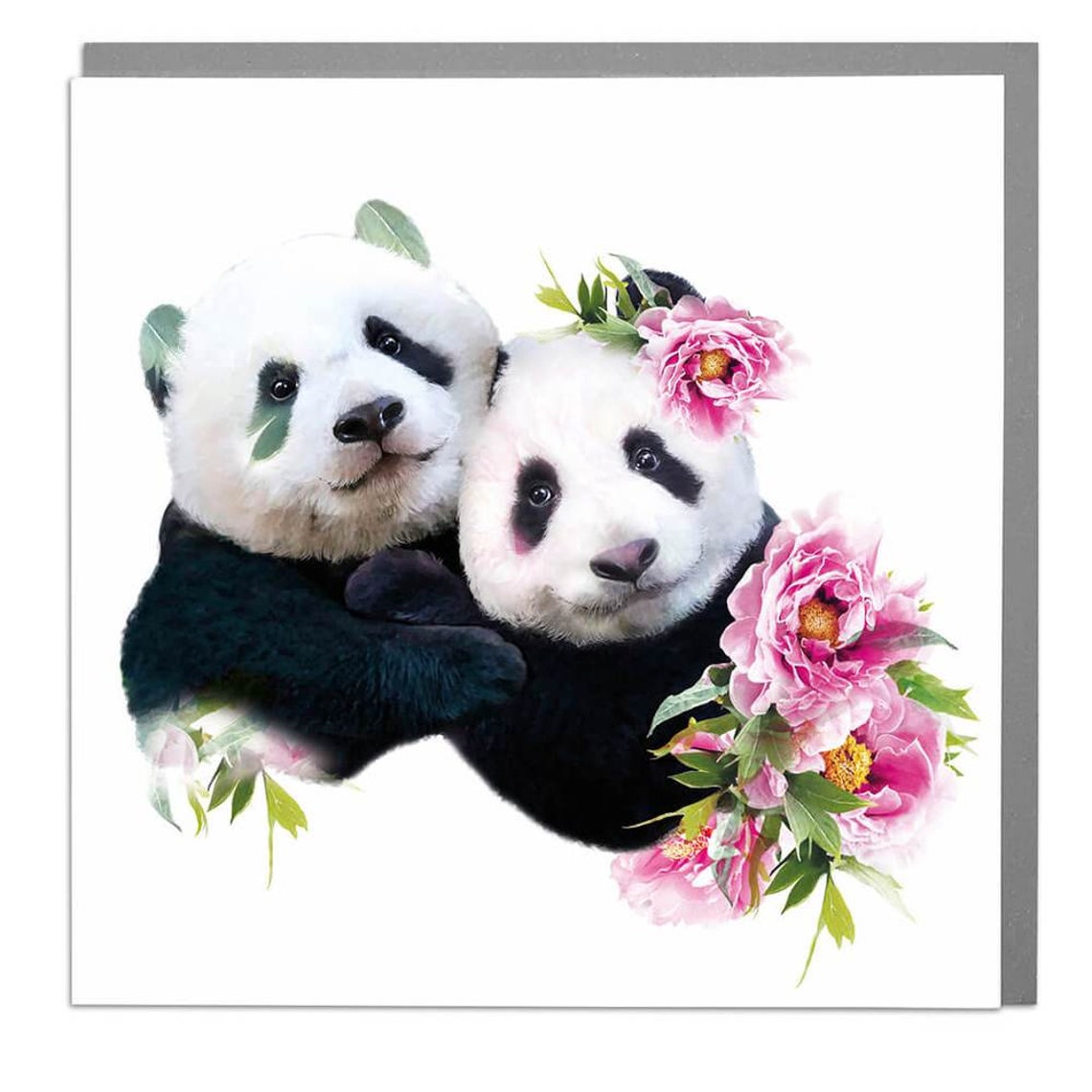 Cuddling Pandas Pink Peonies Bamboo Blank Art Greeting Card Print