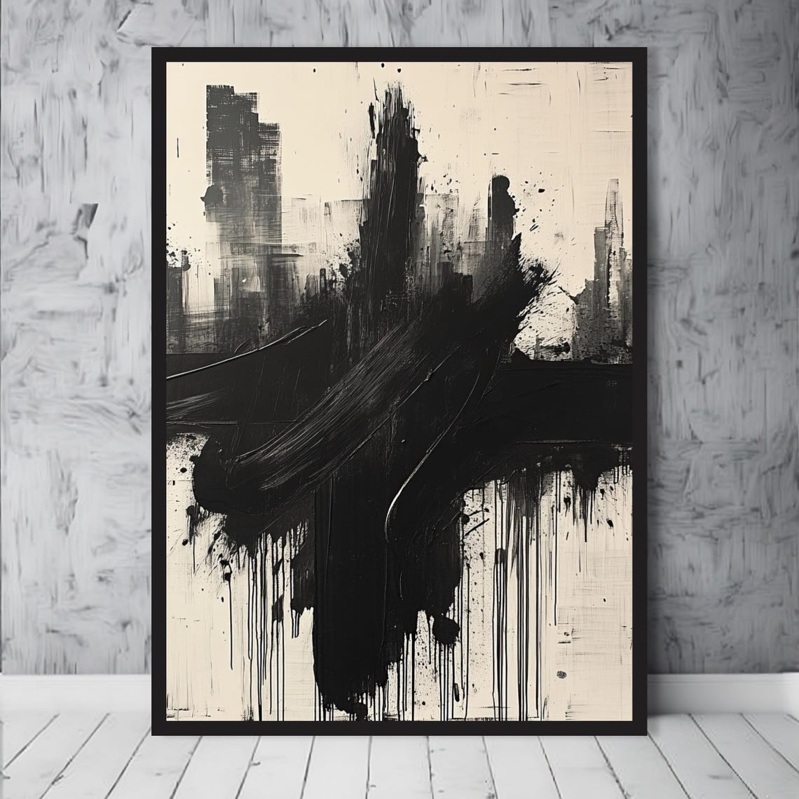 Black And White Abstract Brushstroke Drip Painting Minimalist Poster - Image 3