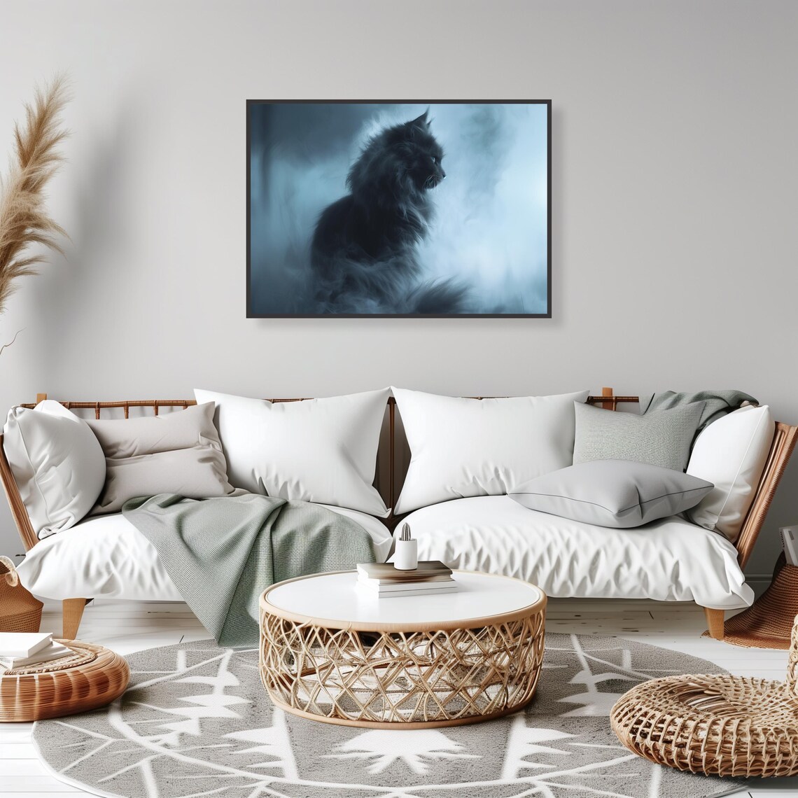 Mysterious Black Cat in Blue Mist Moody Feline Portrait Art Poster - Image 2