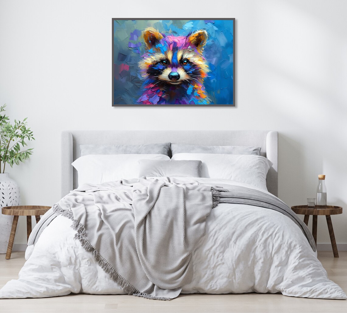 Colorful Impasto Raccoon Portrait In Blue Pink And Purple Pop Art Poster - Image 2
