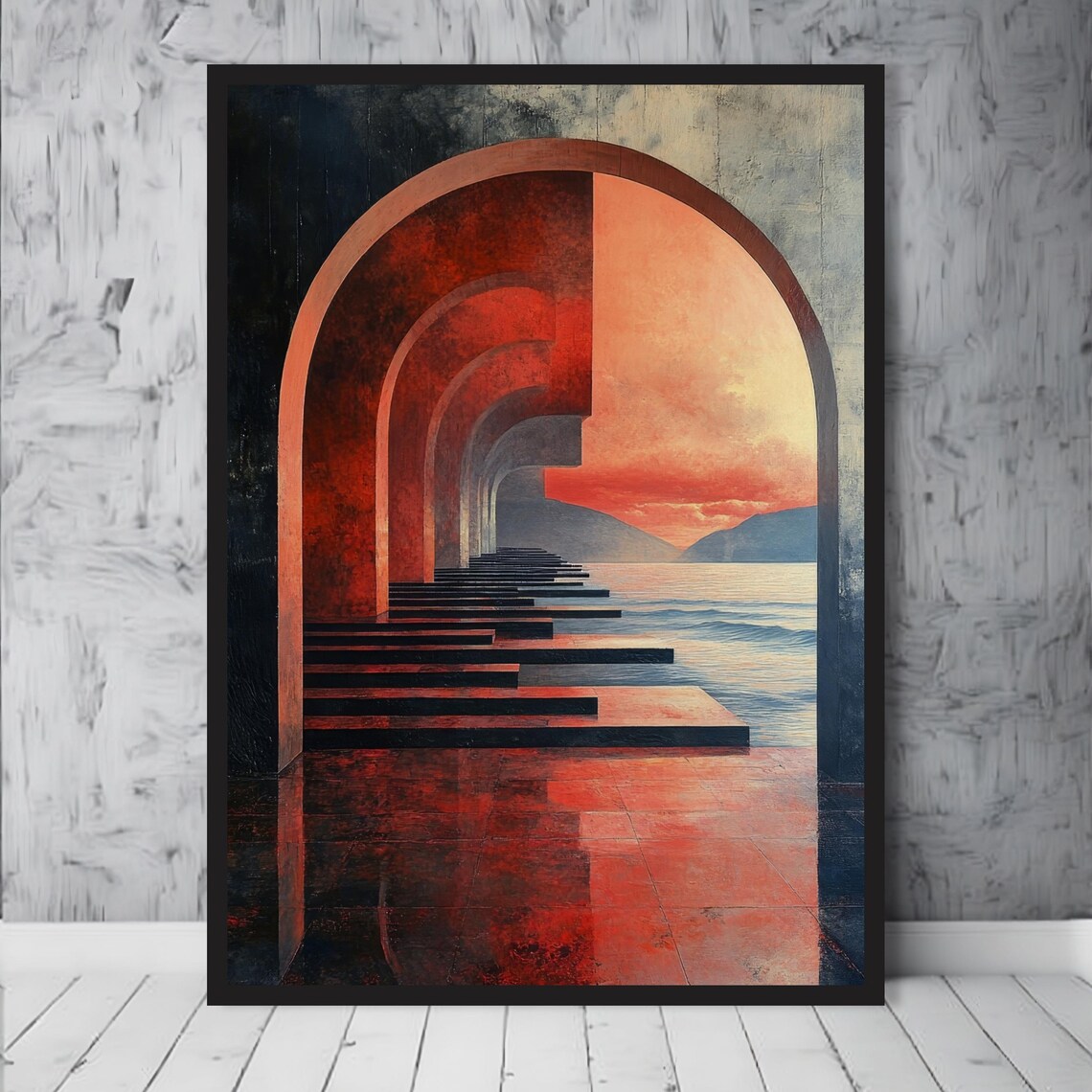 Surreal Crimson Archway Tunnel Opening Onto Ocean Sunset Poster - Image 3