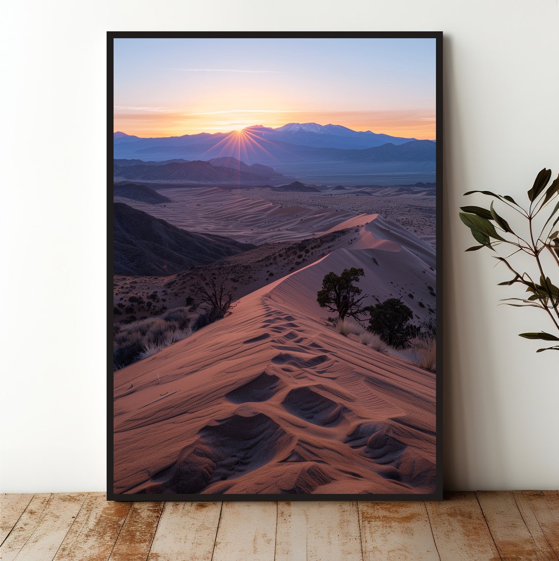Desert Sand Dunes Sunrise Footprints Mountain Vista Wall Art