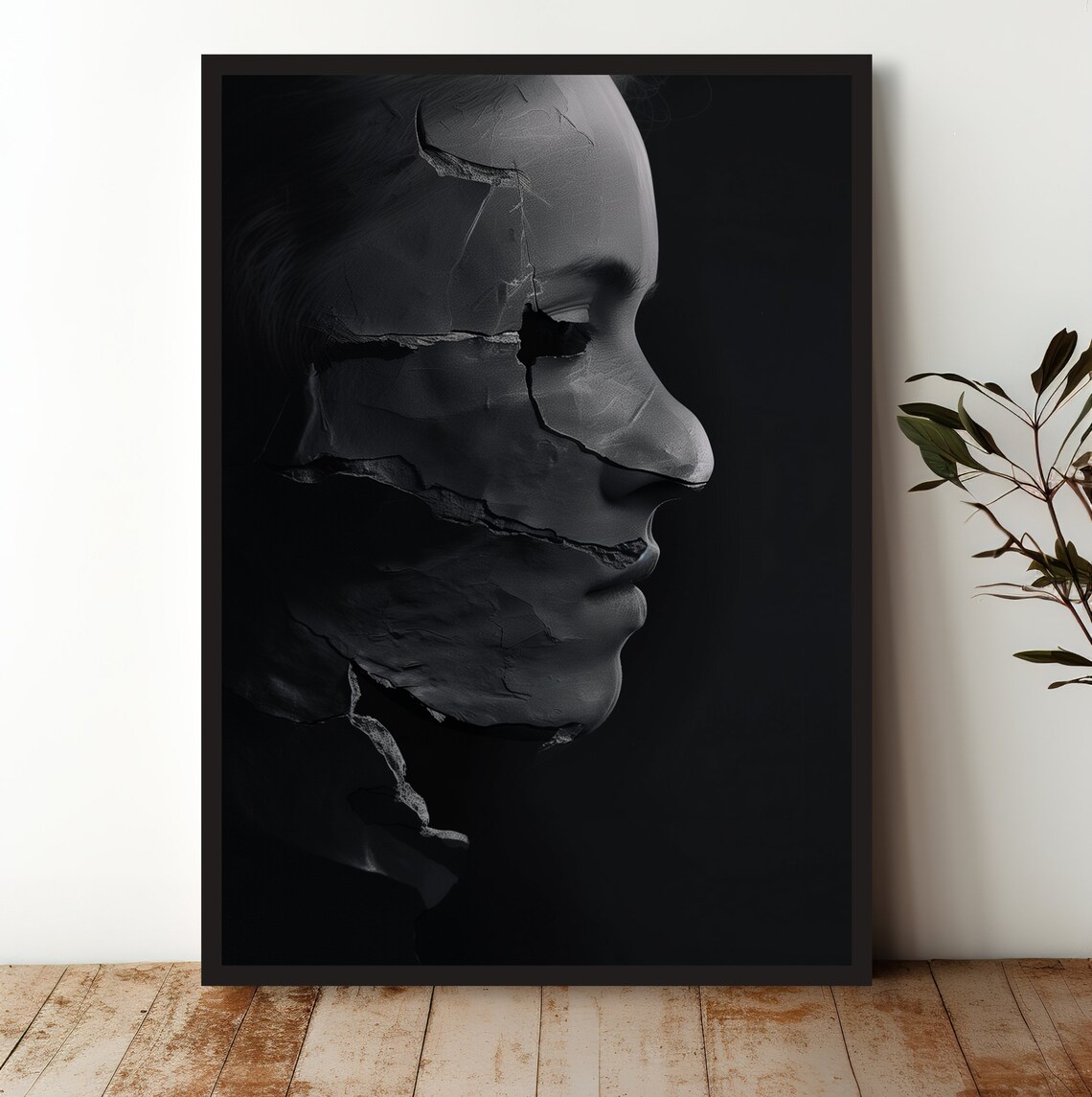 Cracked Face Profile Dark Monochrome Emotional Surreal Portrait Poster