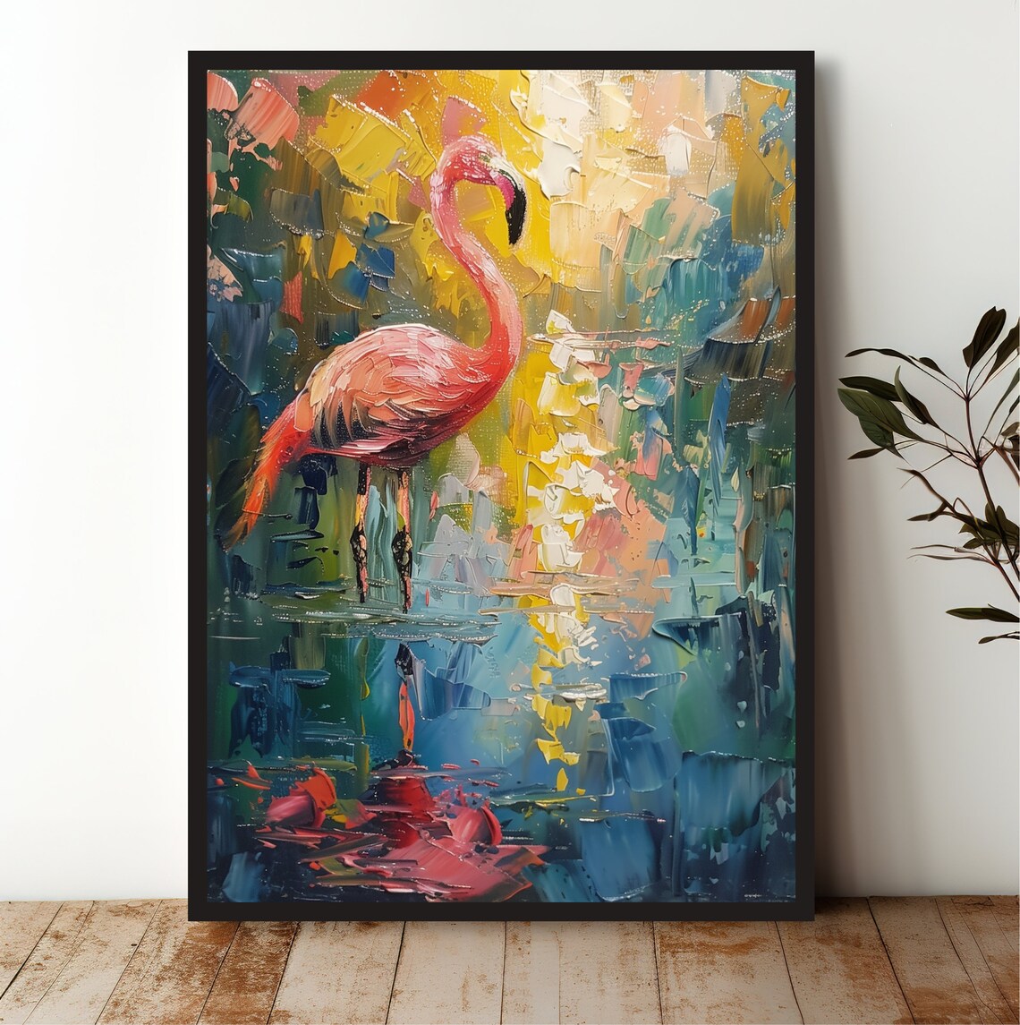 Pink Flamingo Impasto Painting Colorful Lagoon Wildlife Art Print