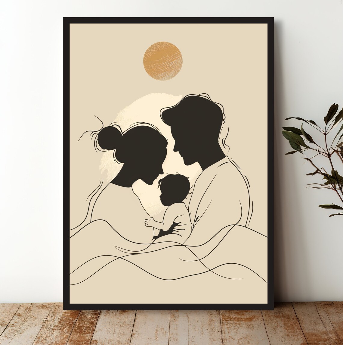 Family Silhouette Mother Father Newborn Minimalist Line Art Poster