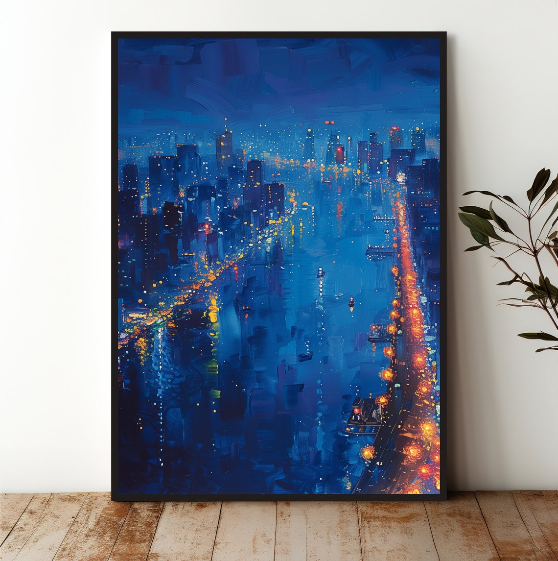Blue City Night Skyline Glowing River Urban Nightscape Art Poster