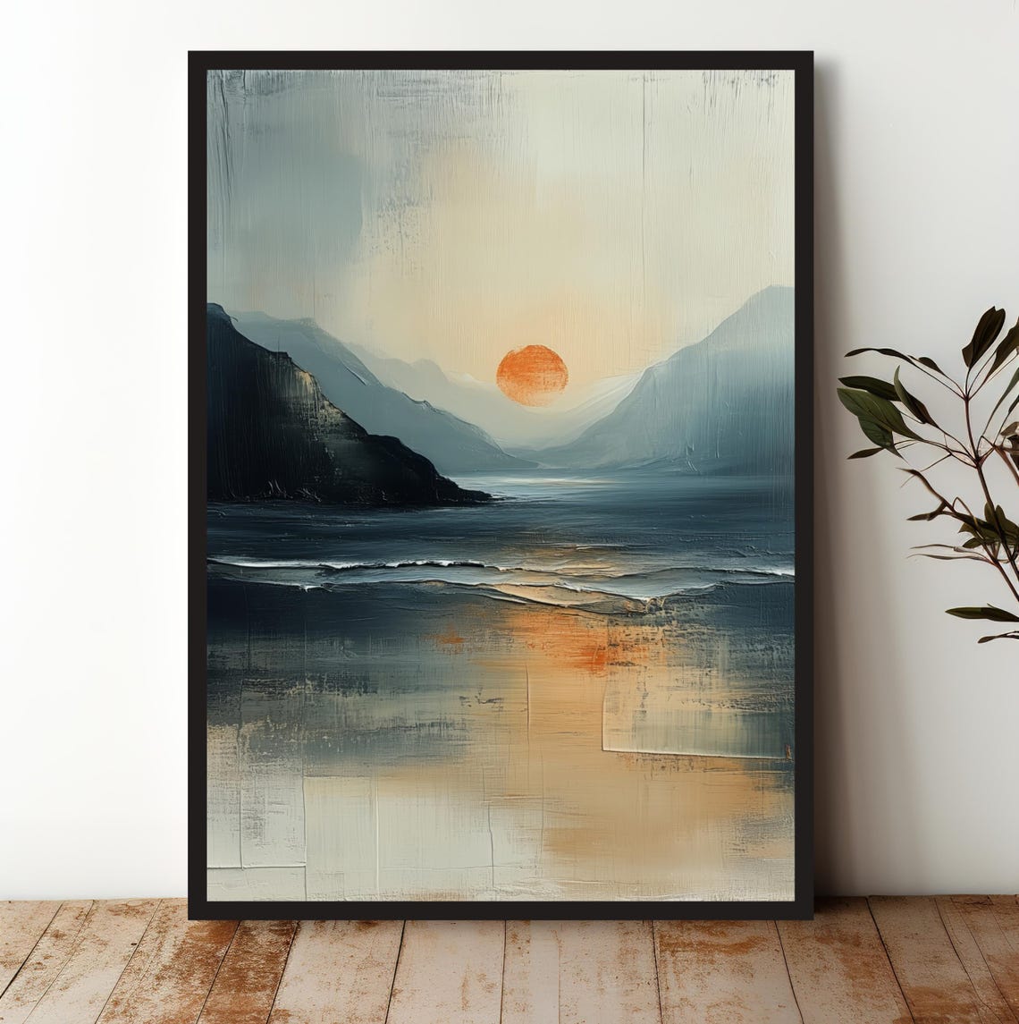 Calming Minimalist Mountain Sunset Lake Scene Design Art Print