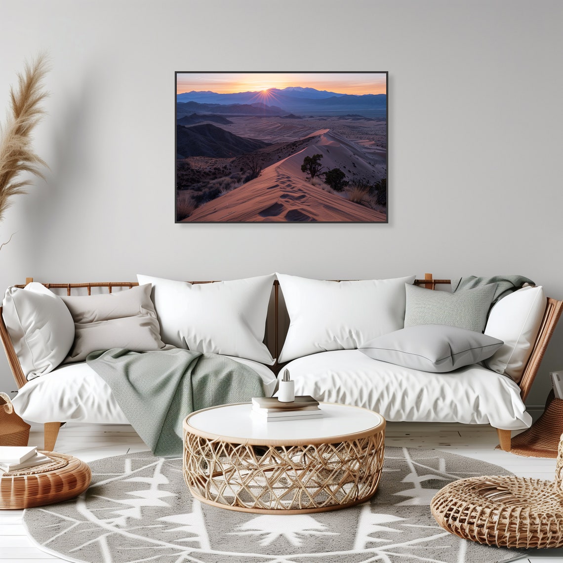 Desert Sand Dunes Sunrise Footprints Mountain Vista Wall Art - Image 2