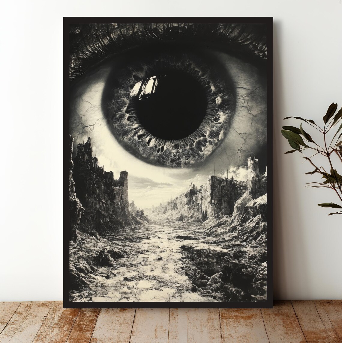 Giant All Seeing Eye Over Ruined Post Apocalyptic City Surreal Art Poster