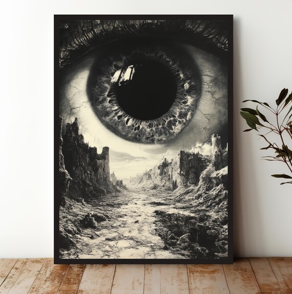 Giant All Seeing Eye Over Ruined Post Apocalyptic City Surreal Art Poster