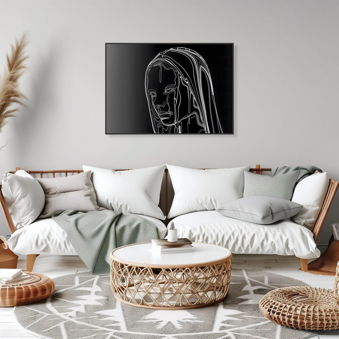 Woman Face White Line Art On Black Minimalist Silhouette Wall Art - Image 2