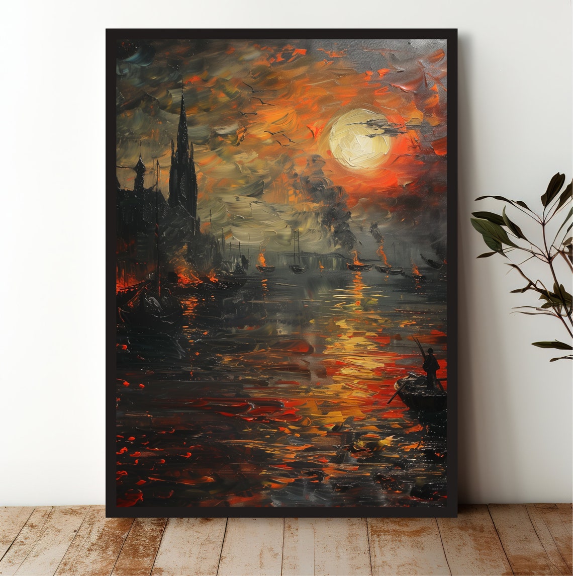 Ethereal Sunset Harbor Boats Dramatic Sky Impressionist Poster