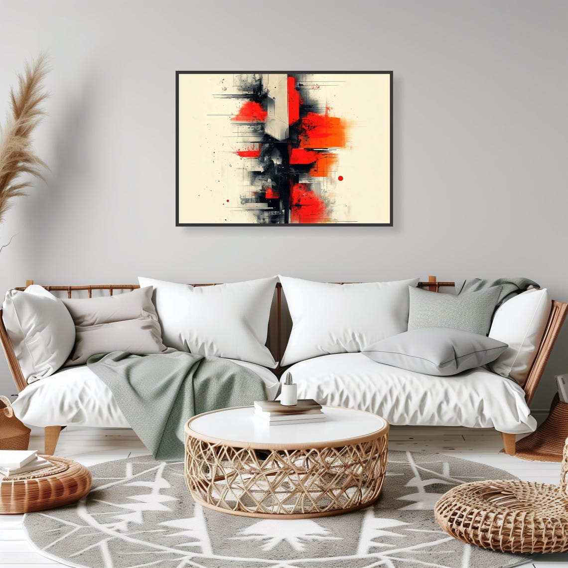 Bold Red Black Abstract City Skyline Urban Modern Scene Wall Art - Image 2