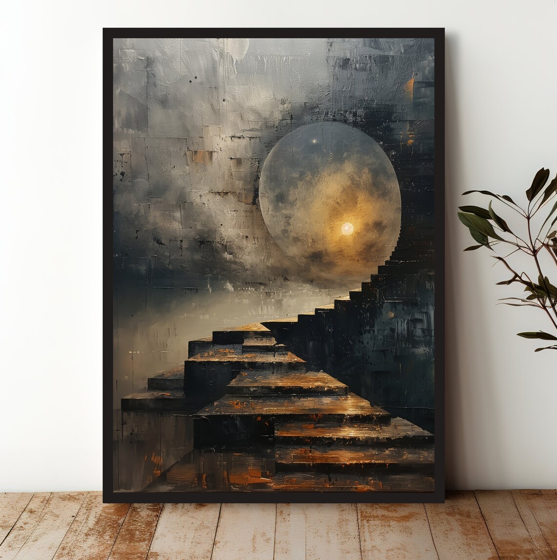 Surreal Staircase to the Moon Dreamlike Moody Night Fantasy Art Poster