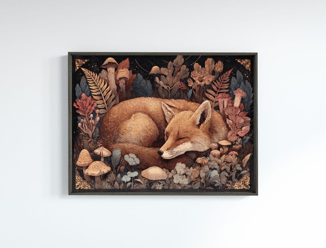 Sleeping Fox in Enchanted Forest Mushroom Woodland Art Poster