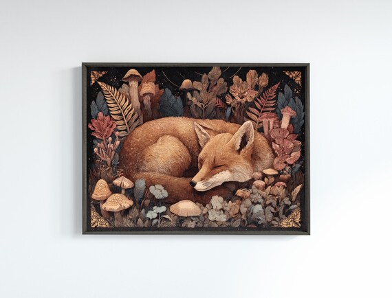 Mystic Fox Watercolor Enchanted Forest And Mushroom Art Earthy Gothic Decor Wild Animal
