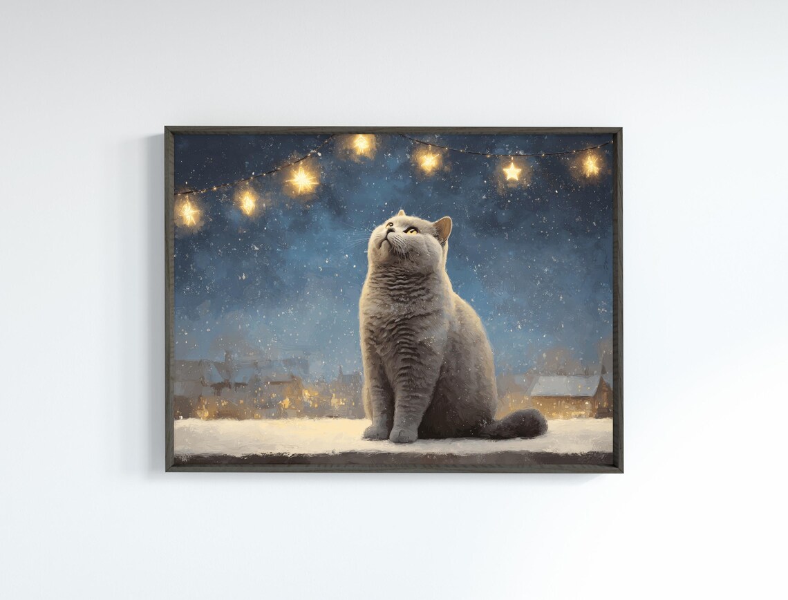 British Shorthair Cat in Snow Under Starry Lights Winter Poster