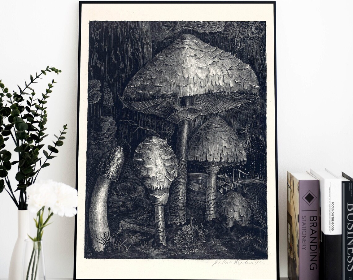 Vintage Black and White Mushroom Engraving Dark Forest Botanical Print - Image 3