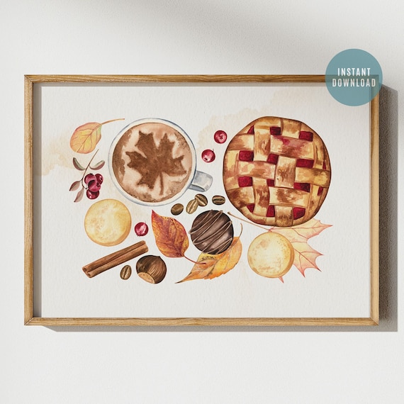Autumn Coffee Cherry Pie Cookies Watercolor Kitchen Still Life Poster