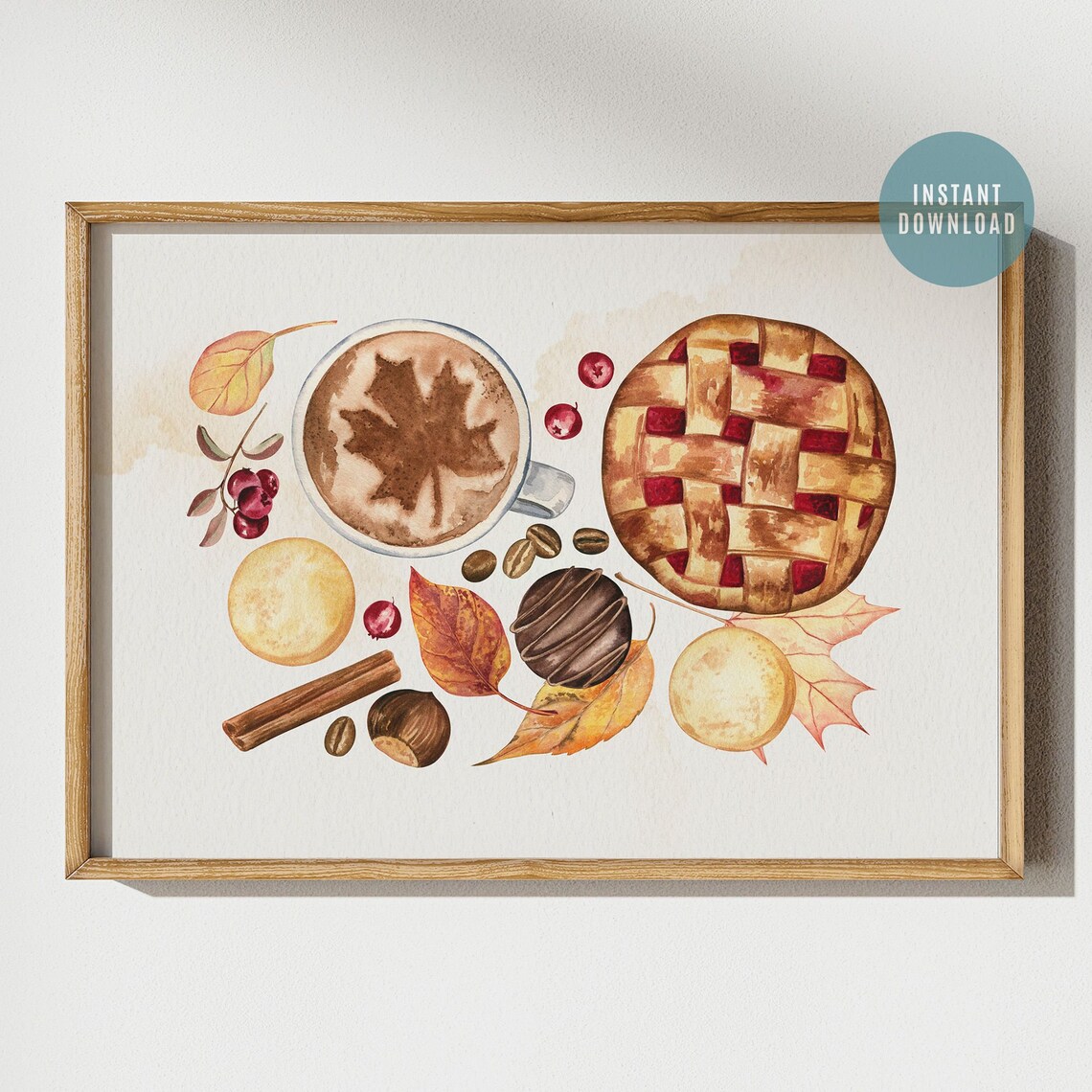 Autumn Coffee Cherry Pie Cookies Watercolor Kitchen Still Life Poster