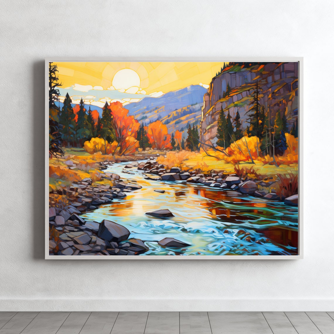 Neon River Original Abstract Impressionist Art Landscape Print On Wall Decor Living Room Boho Home Decor Western Style Art - Image 2