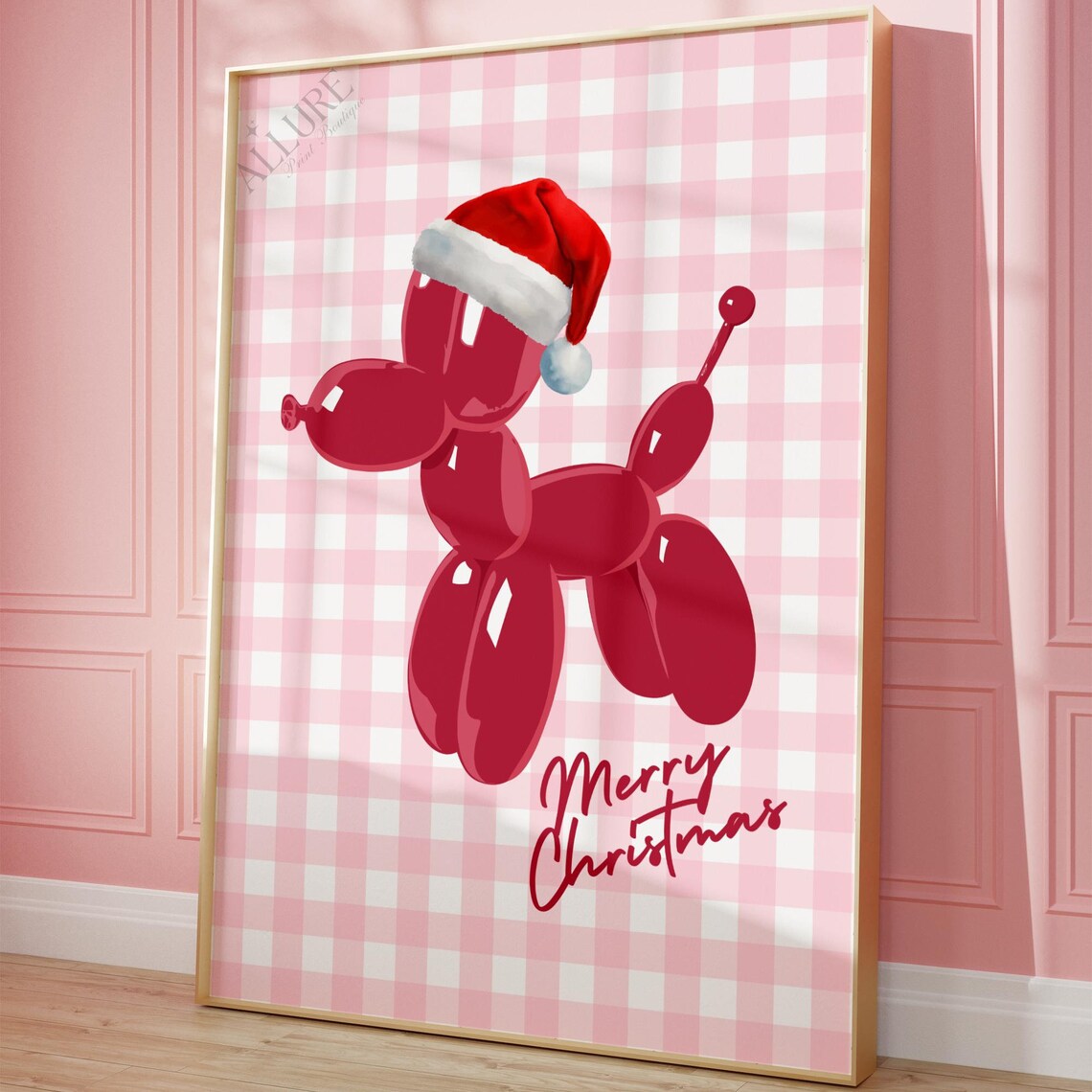 Merry Christmas Santa Balloon Dog Red on Pink Gingham Poster - Image 4