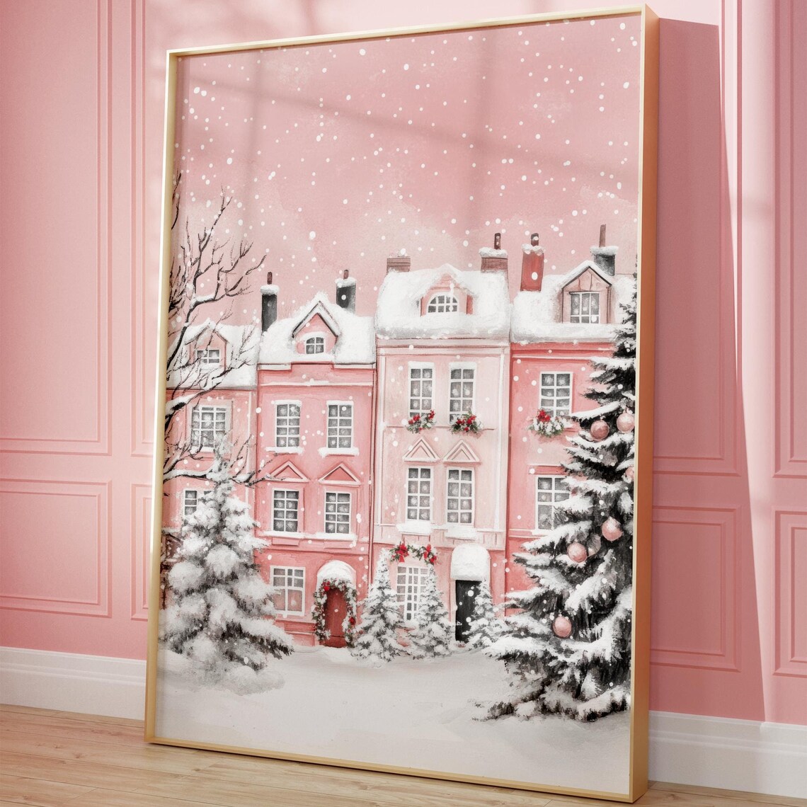 Pink Winter Christmas Village Art Print, Holiday Decor