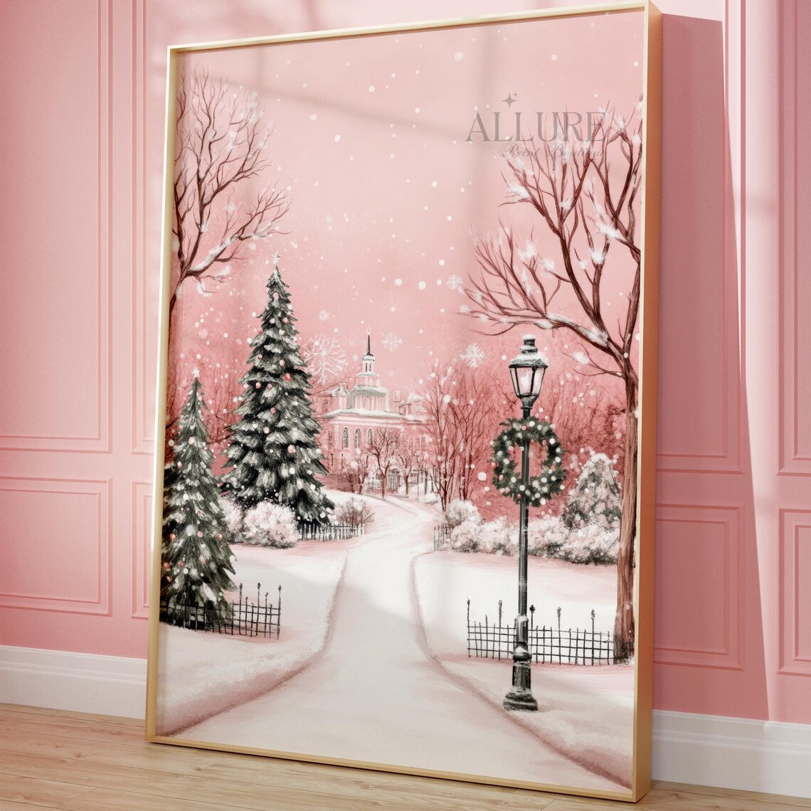 Pink Christmas Village Print, Pastel Holiday Town