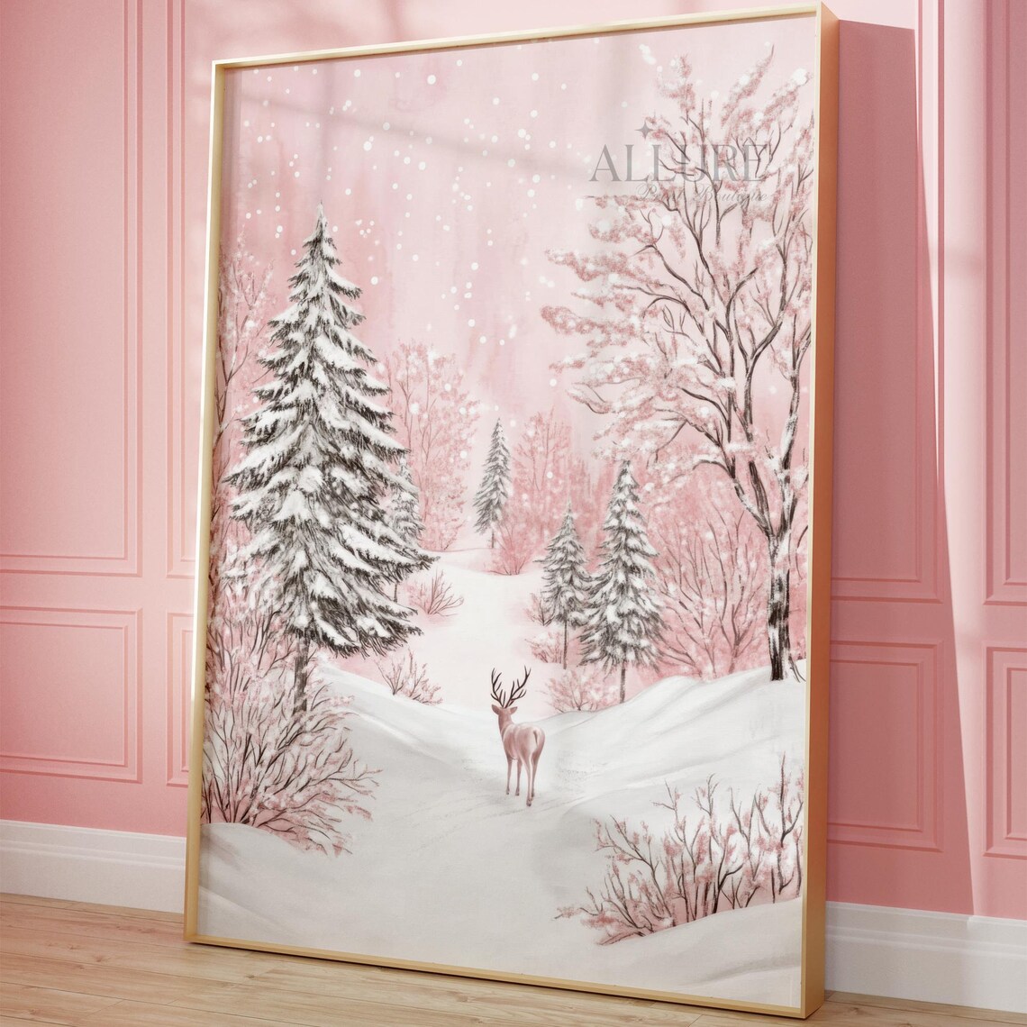 Pink Winter Forest Print, Snowy Christmas Trees
