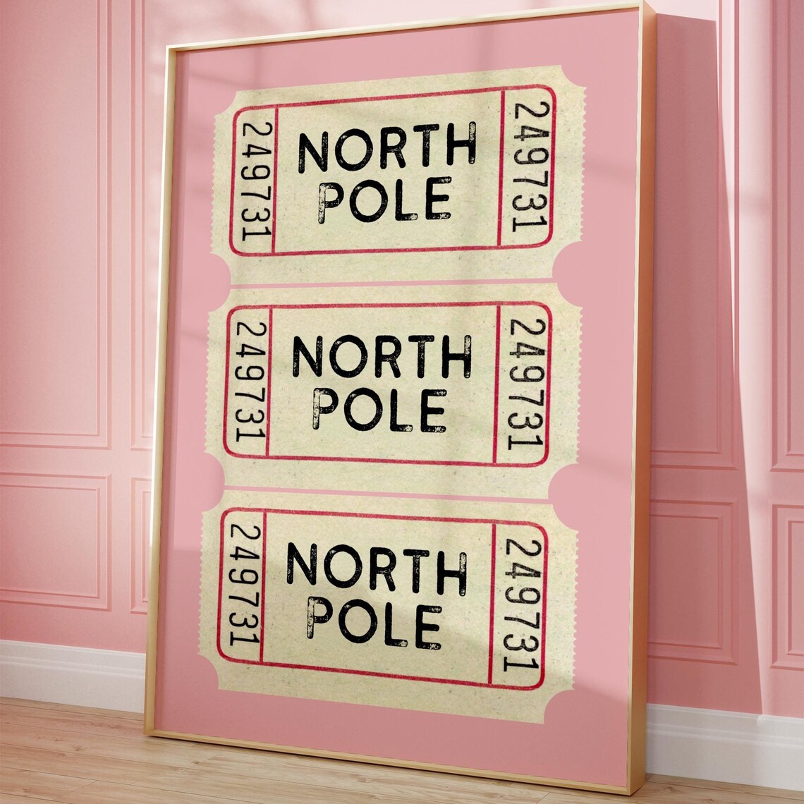 North Pole Ticket, Vintage Christmas Art Print