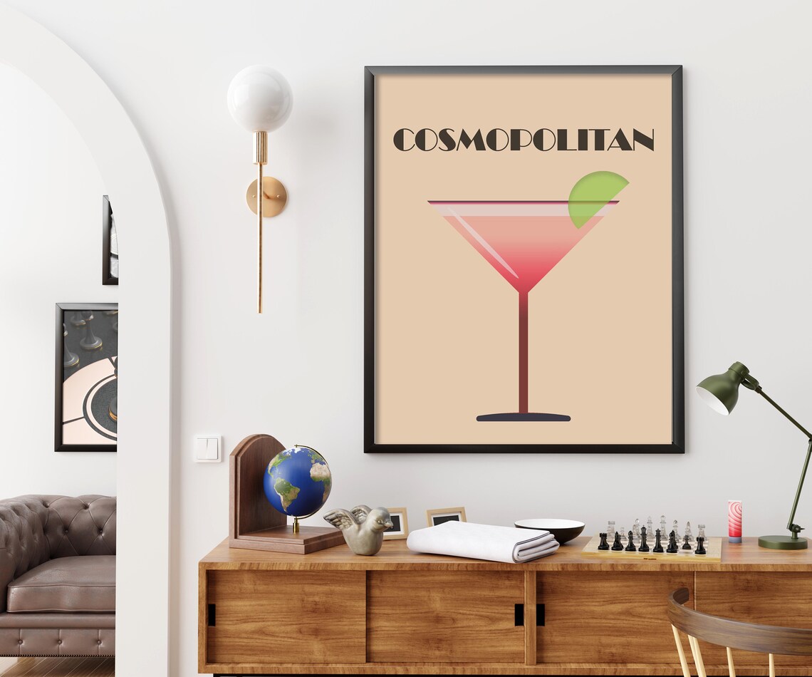 Cosmopolitan Cocktail Art Deco Pink Lime Retro Beige Bar Cart Art Poster