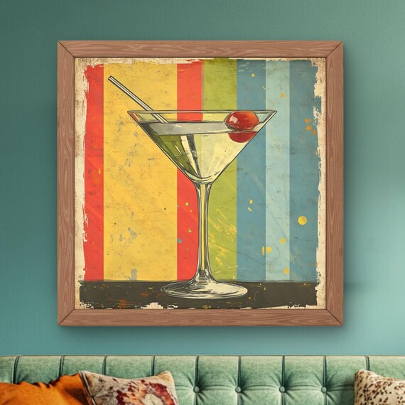 Vintage Cocktail Martini Glass Retro Striped Midcentury Bar Wall Art