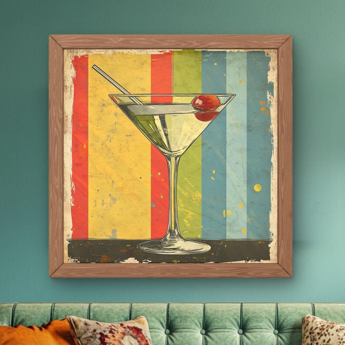 Vintage Cocktail Martini Glass Retro Striped Midcentury Bar Wall Art