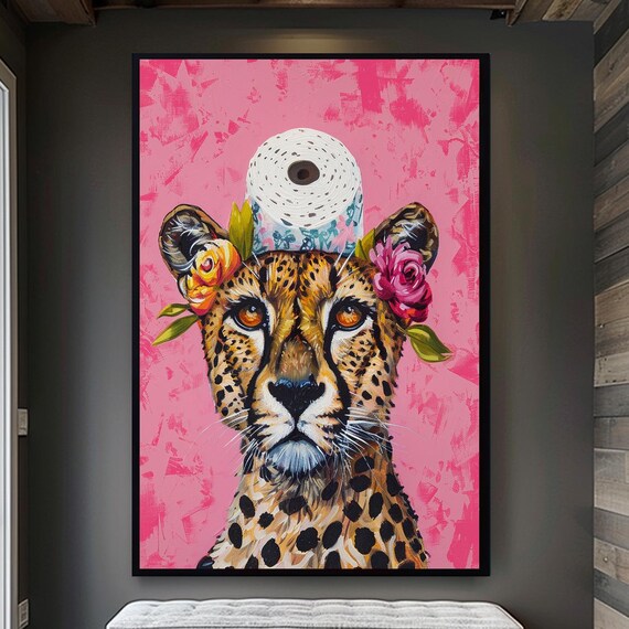 Cheetah Wearing Toilet Paper Hat Pink Whimsical Funny Bathroom Poster