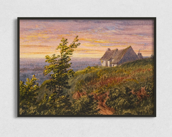 Landscape Painting Vintage Sunset Art Prints Cottagecore Whimsical Art Prints
