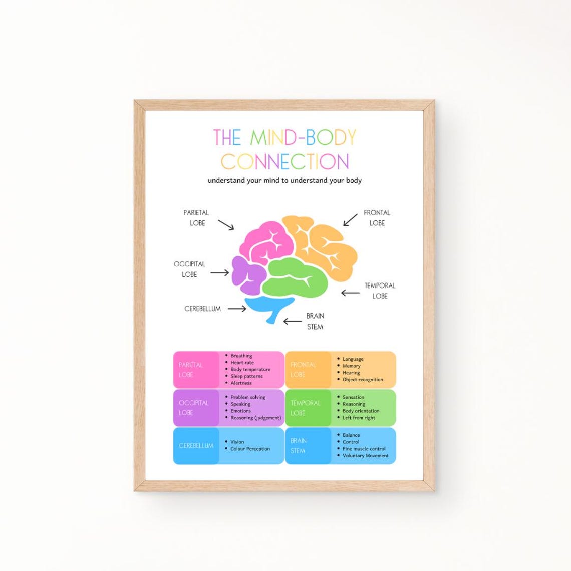 Mind Body Connection Brain Lobes Chart Bright Rainbow Therapy Poster