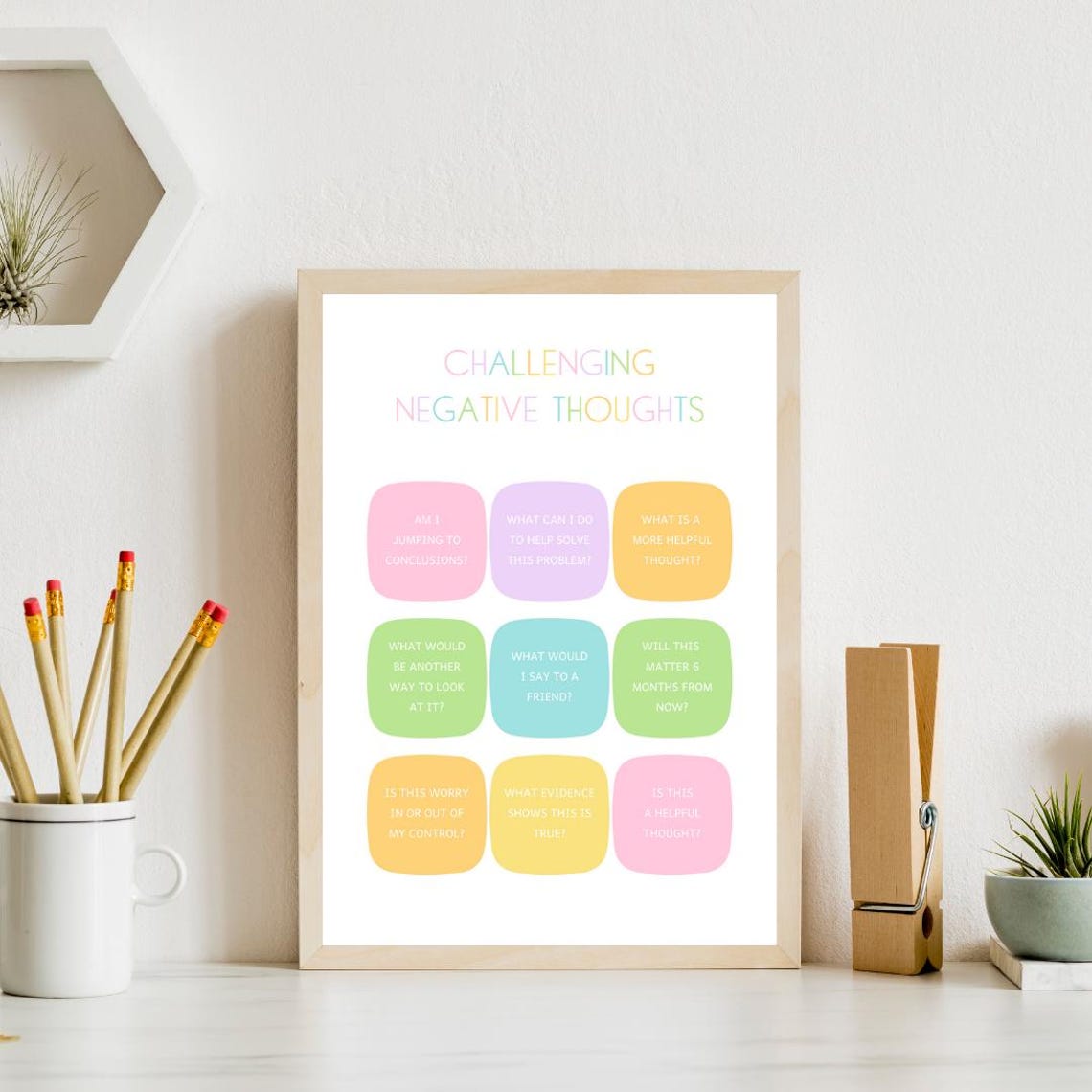 Challenging Negative Thoughts Pastel CBT Questions Therapy Poster - Image 4