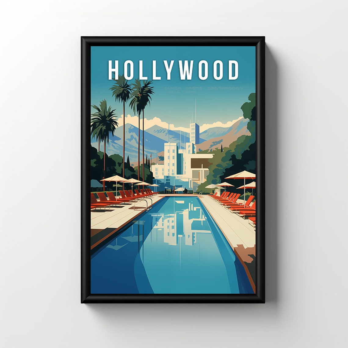 Hollywood Hills Hotel Pool Palm Trees Retro Sunset Travel Poster