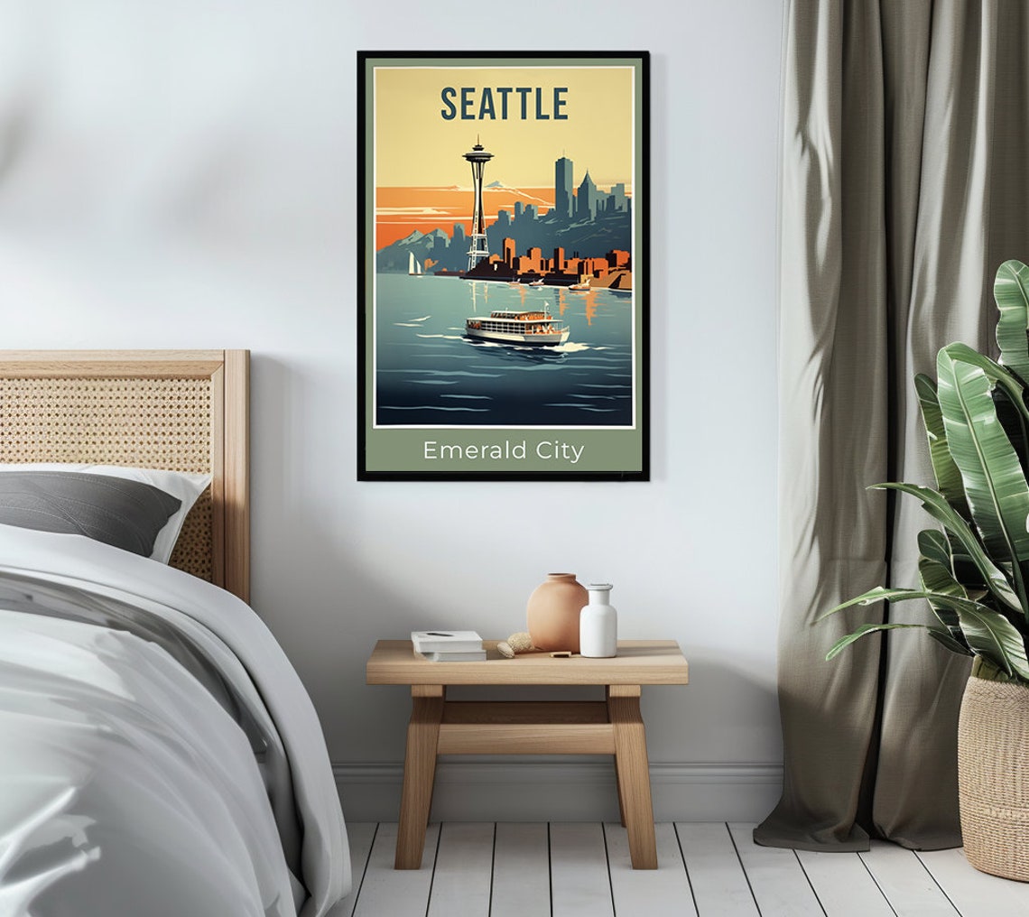 Seattle Emerald City Space Needle Ferry Sunset Harbor Retro Poster - Image 2