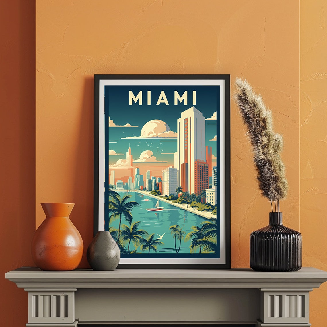 Miami Florida Biscayne Bay Skyline Palms View Retro Art Poster - Image 2